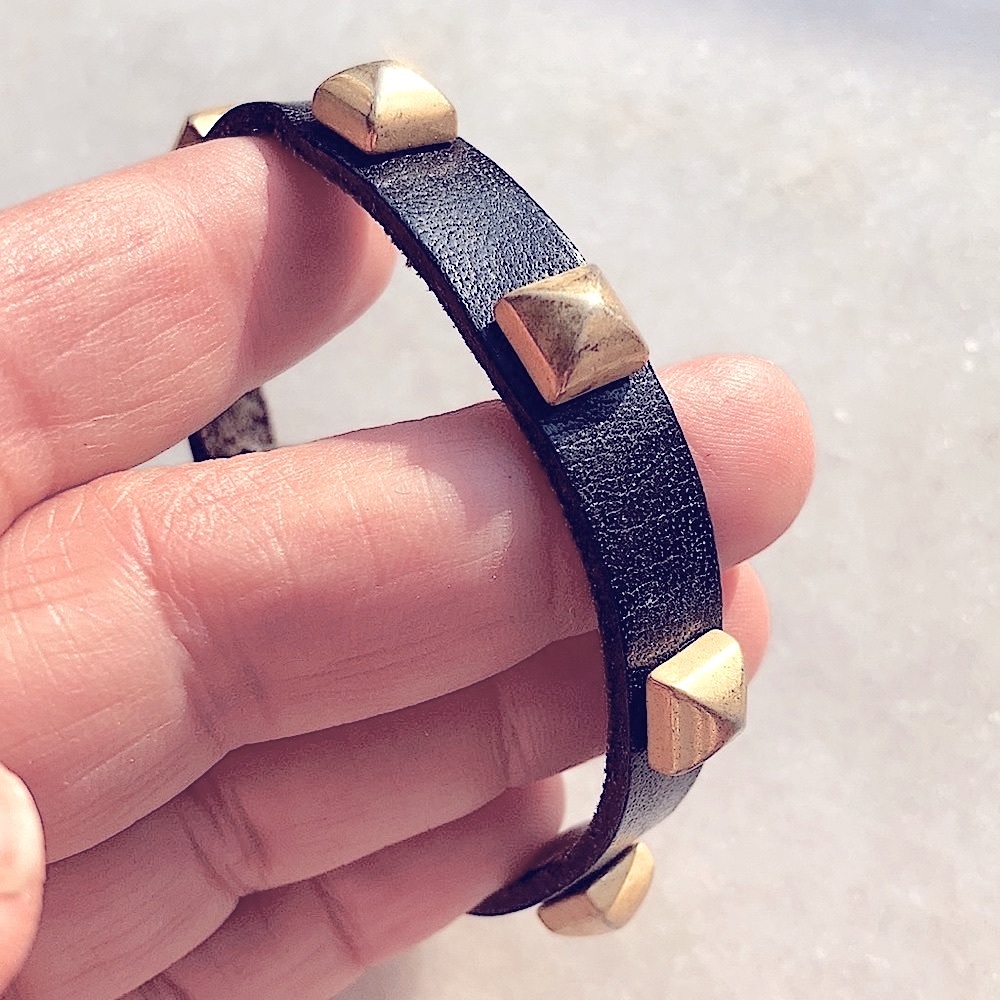 Original Vita Fede Black Leather Gold Rhombus Pyramid Spike Studded Bracelet